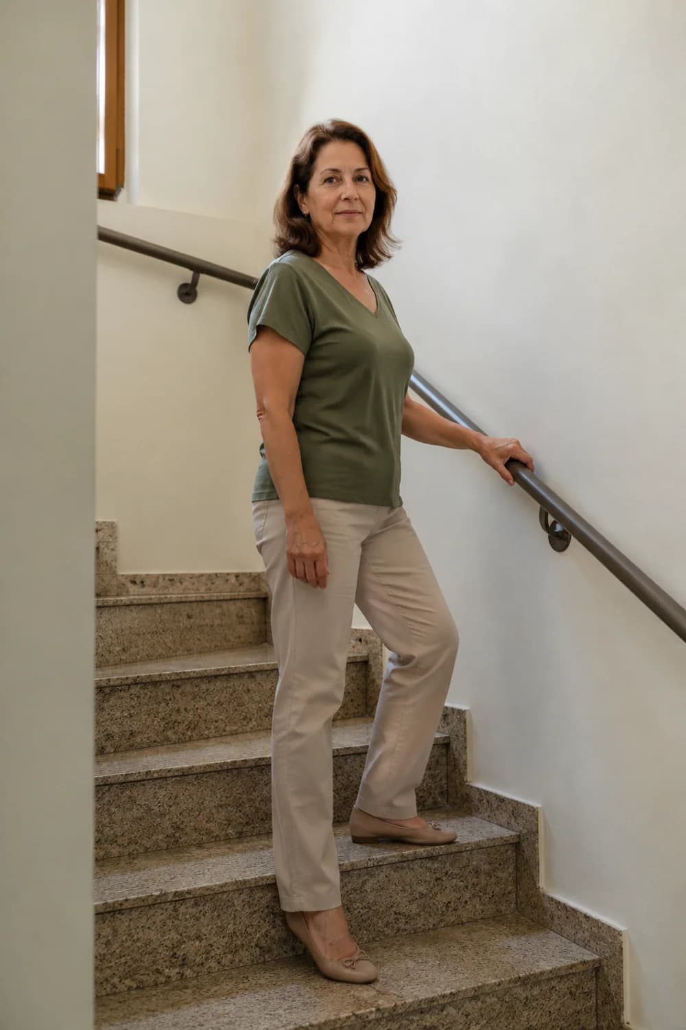 Mulher de meia-idade parada em um lance de escada, com a mão apoiada no corrimão